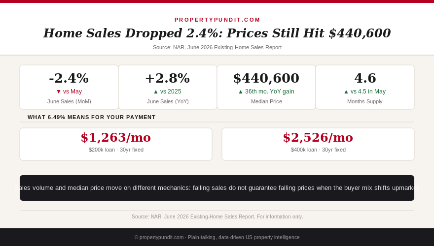 Chart showing June home sales down 2.4% month-over-month but up 2.8% year-over-year, with the median price at a record $440,600