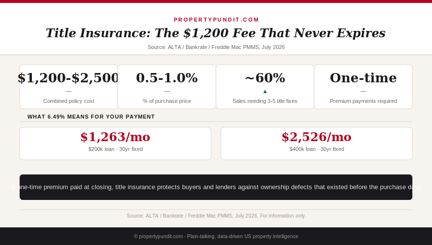 Infographic showing title insurance costs $1,200-$2,500 one time, that nearly 60% of sales need 3-5 title issues cleared before closing, and current mortgage payments at 6.49%.