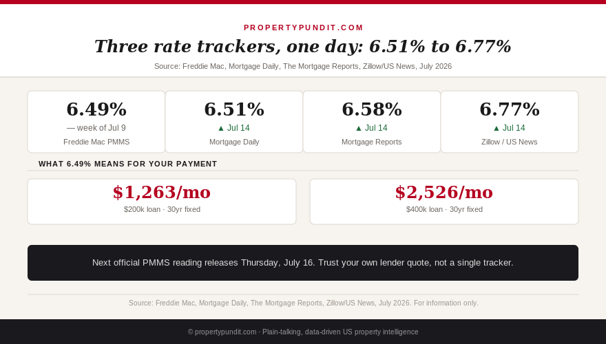 Infographic showing three mortgage rate trackers posting 6.51%, 6.58%, and 6.77% on the same day in July 2026, against an official Freddie Mac PMMS of 6.49%.