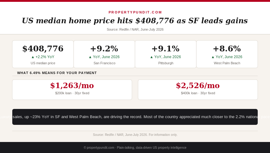 Infographic showing the US median home price hit $408,776 in June 2026, with San Francisco up 9.2%, Pittsburgh up 9.1%, and West Palm Beach up 8.6% year over year.