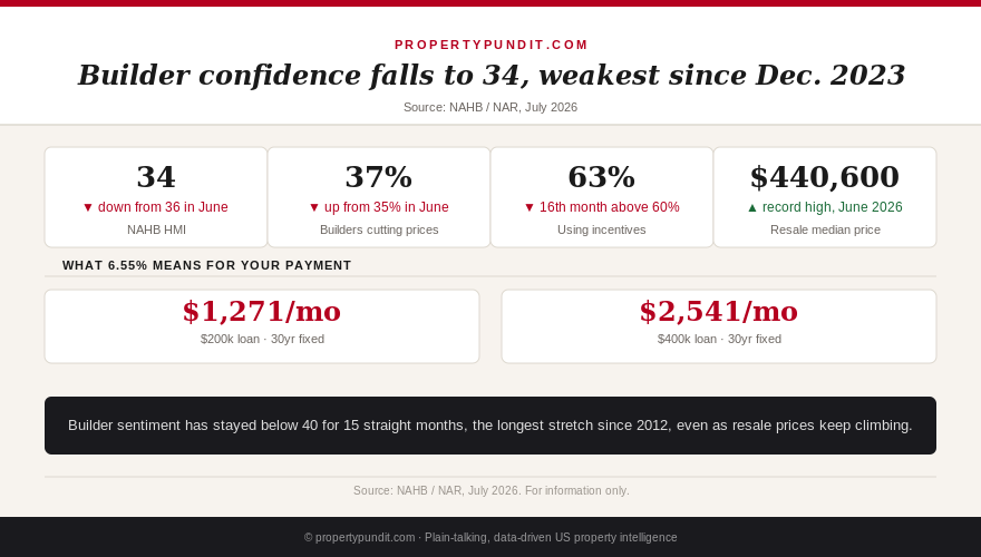 Infographic showing five NAHB builder confidence and housing data points from July 2026