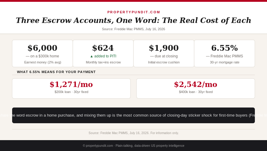 Infographic showing the three escrow accounts in a home purchase: earnest money, closing escrow, and the monthly tax-and-insurance escrow account, with current mortgage payment figures at 6.55%.