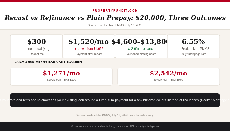 Infographic comparing mortgage recasting, refinancing, and a plain lump-sum prepayment on a $20,000 windfall, with current 30-year mortgage rate data.
