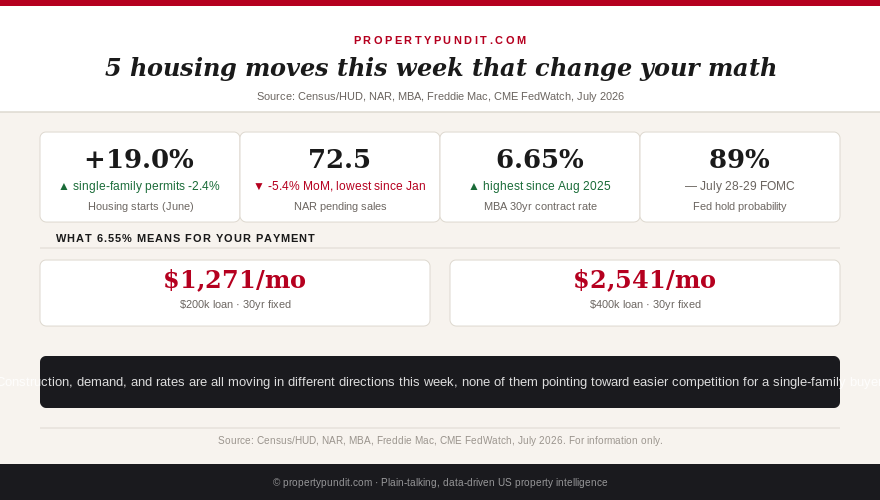 Summary graphic of five US housing data points for the week of July 22, 2026