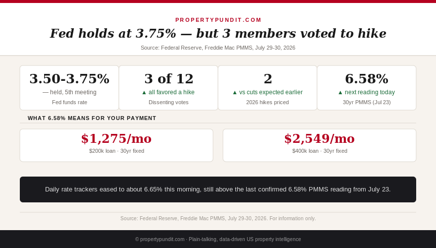 Fed holds rates at 3.50%-3.75% with three dissenting votes for a hike, and mortgage payment impact at current rates