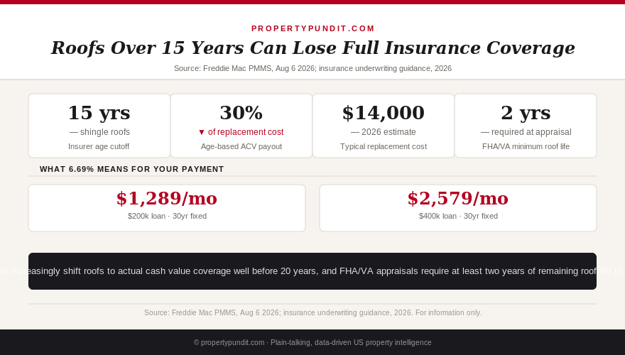 Chart showing the 15-year insurer roof age cutoff, age-based ACV payout percentage, typical replacement cost, and FHA/VA minimum remaining roof life