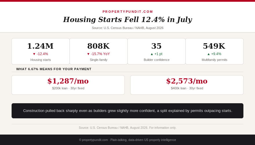 Chart showing July 2026 housing starts falling 12.4% to 1.24 million, single-family starts down 15.7% year over year, and builder confidence rising to 35
