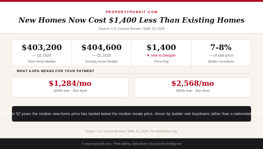 Chart comparing new home median price of $403,200 to existing home median price of $404,600 in Q1 2026