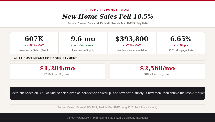 Chart showing new home sales down 10.5%, new-home supply at 9.6 months, and the 30-year mortgage rate at 6.65%