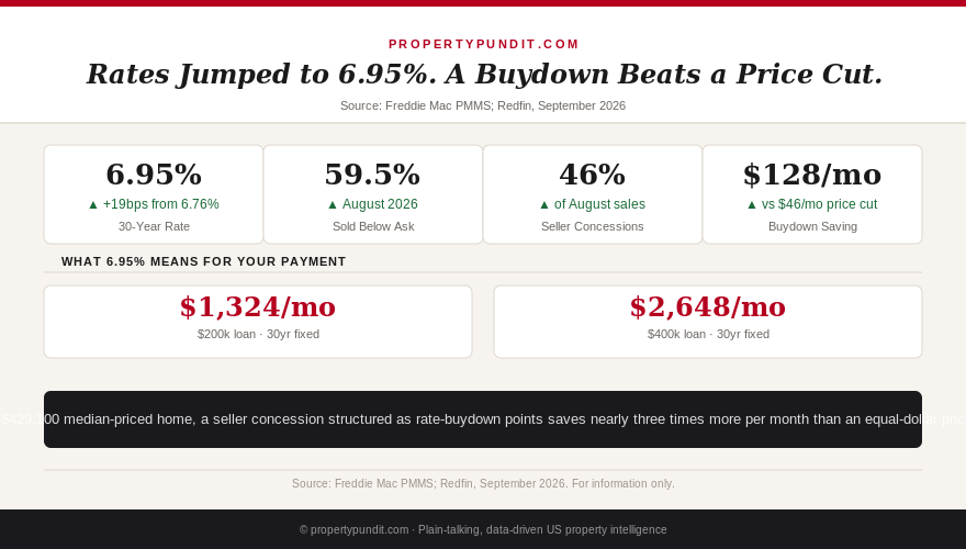 Chart comparing this week's 6.95% mortgage rate, seller concession rates, and the monthly savings from a rate buydown versus an equal-dollar price cut