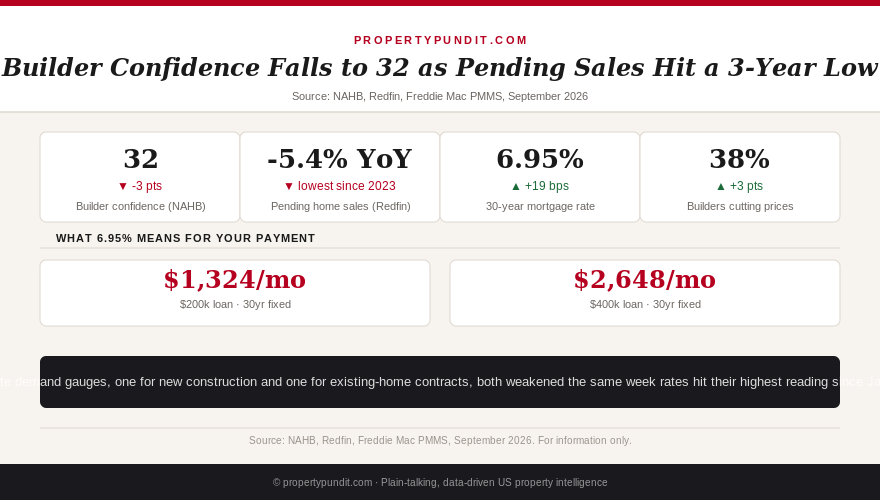 Data drop showing builder confidence falling to 32 and pending home sales down 5.4 percent year over year as the 30-year mortgage rate hits 6.95 percent