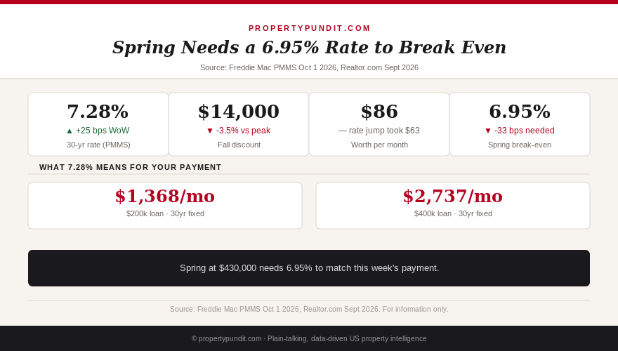 Infographic showing the 30-year mortgage rate at 7.28 percent, the 14,000 dollar fall discount, and the 6.95 percent rate spring needs to break even