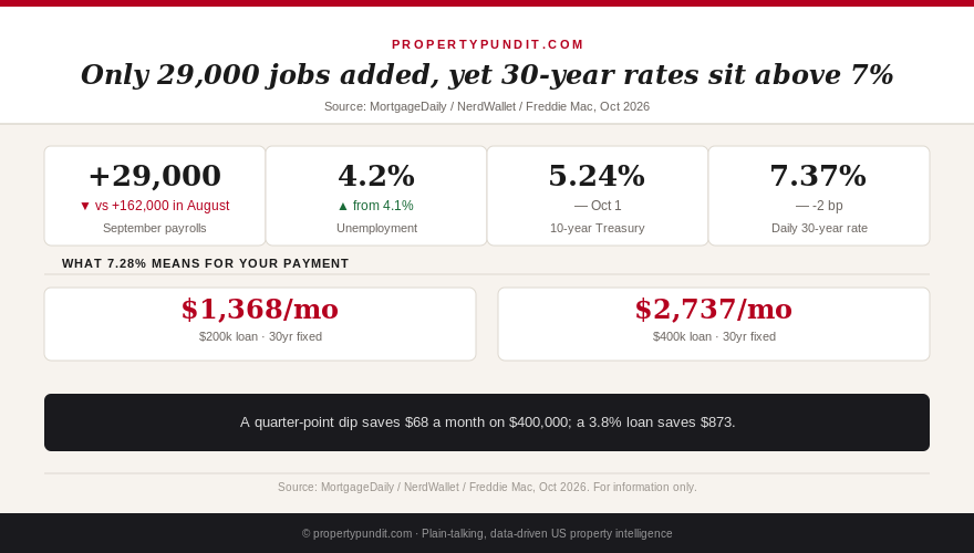 September jobs report and mortgage rate snapshot: 29,000 payroll gain, 4.2 percent unemployment, 7.28 percent Freddie Mac rate