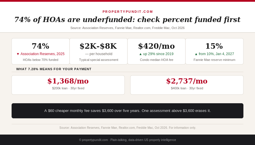 Infographic showing 74 percent of HOAs underfunded, a typical special assessment of 2,000 to 8,000 dollars and Fannie Mae's reserve rule rising to 15 percent