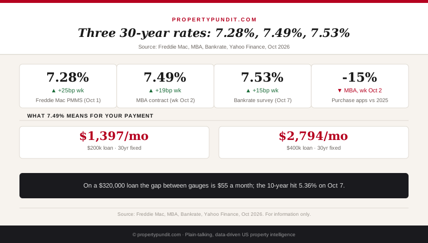 Data snapshot comparing three 30-year mortgage rate gauges: Freddie Mac 7.28 percent, MBA 7.49 percent and Bankrate 7.53 percent, with payments on a $320,000 loan