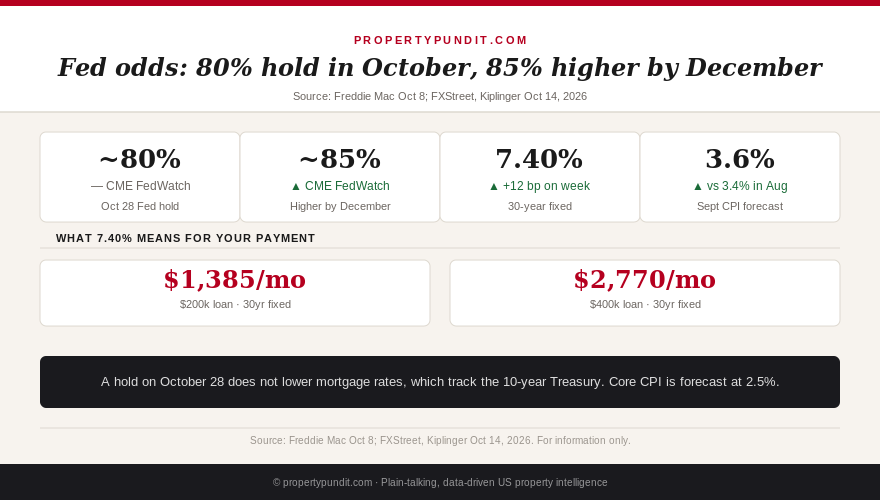 Infographic: Freddie Mac 30-year rate 7.40%, 80% odds of an October Fed hold, 85% odds of a higher rate by December, CPI forecast 3.6%
