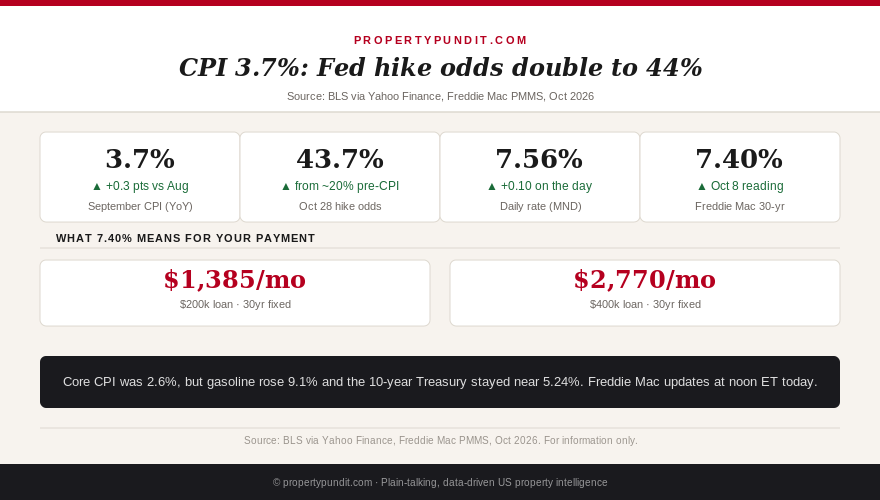 Infographic: September CPI 3.7%, October 28 Fed hike odds 43.7%, Mortgage News Daily rate 7.56%, Freddie Mac 7.40% and the monthly payment on $200,000 and $400,000 loans
