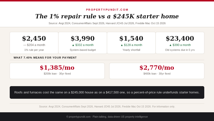 Infographic: the 1% repair rule gives $2,450 a year on a $245,000 house, but roof, HVAC, water heater and routine repair costs total $3,990, or $332 a month