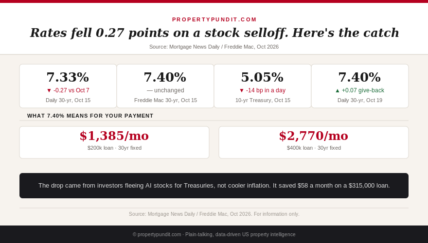 Infographic: daily 30-year mortgage rates fell about 0.27 points on an AI stock selloff while Freddie Mac's weekly rate held at 7.40%