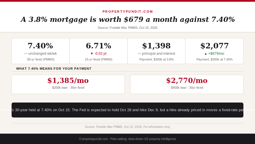 Infographic: the 30-year fixed rate is 7.40%; a $300,000 loan costs $2,077 a month at 7.40% versus $1,398 at 3.8%, a $679 monthly gap